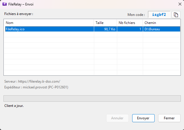 Fenêtre d'envoi de FileRelay avec un fichier en liste et le code à droite