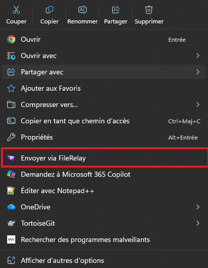 Menu contextuel Windows 11 avec l'entrée Envoyer via FileRelay
