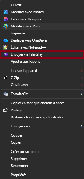 Menu contextuel étendu (Shift+F10) avec l'entrée Envoyer via FileRelay