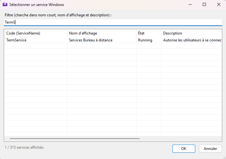Sélecteur de service Windows avec un filtre